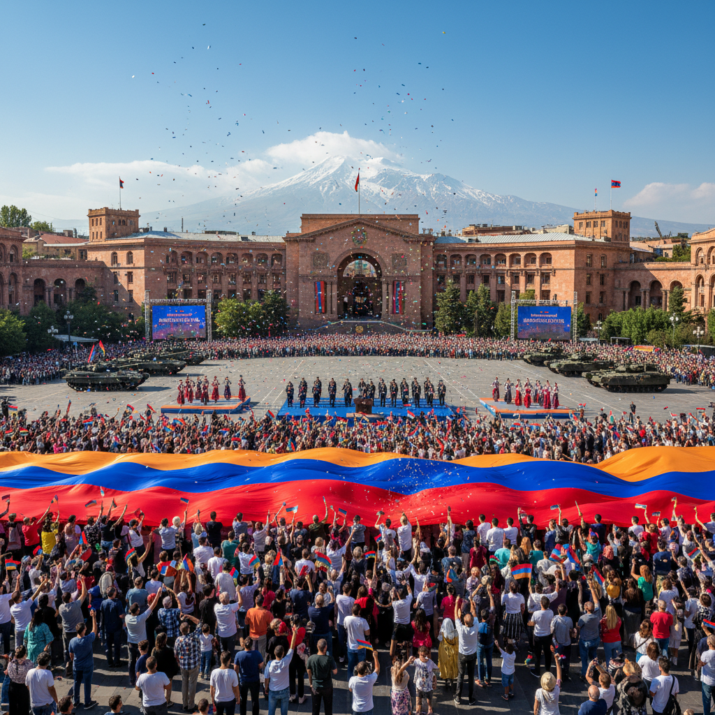 Eine Menschenmenge hält eine riesige armenische Flagge auf dem Platz der Republik in Eriwan vor dem schneebedeckten Berg Ararat hoch, während Konfetti durch die Luft fliegt.
