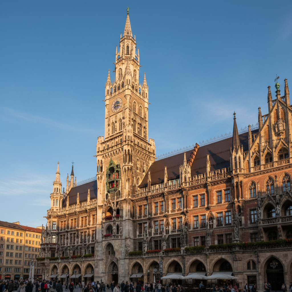 Das Neue Rathaus am Marienplatz in München mit seinem markanten Turm unter blauem Himmel.