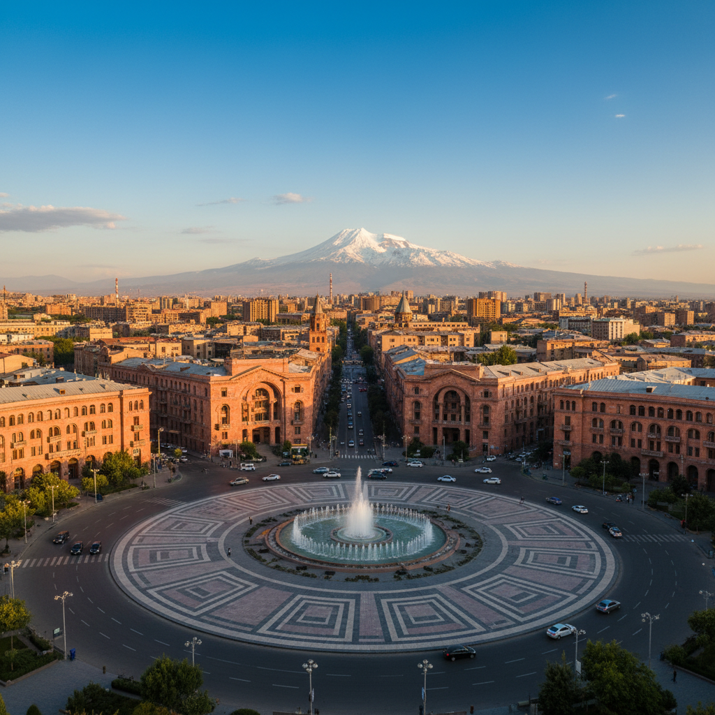 Der Republikplatz in Eriwan mit seinem zentralen Springbrunnen vor der Kulisse des schneebedeckten Berges Ararat bei Sonnenuntergang.